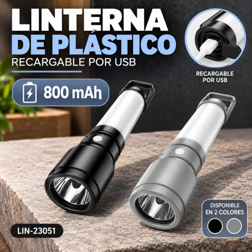 Linterna de plástico recargable por USB con batería de 800 mAh, ideal para iluminación portátil. Venta por mayoreo