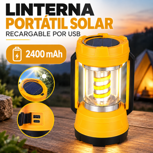 Linterna portátil solar recargable por USB con capacidad de 2400 mAh, ideal para iluminación portátil. Venta por mayoreo