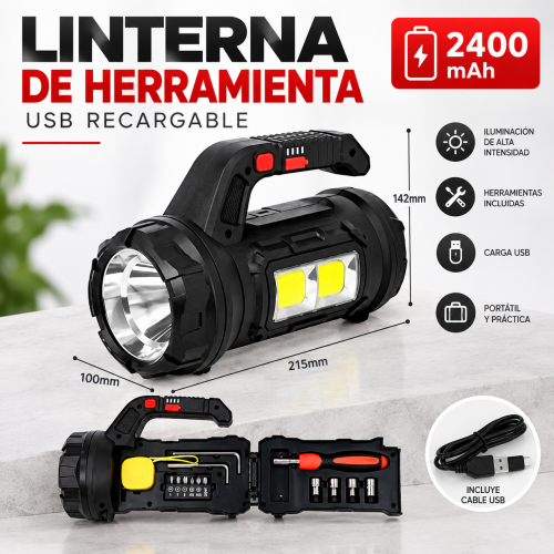  Linterna de herramienta USB recargable de 2400 mAh con compartimento de accesorios, ideal para iluminación y tareas prácticas. Venta por mayoreo
