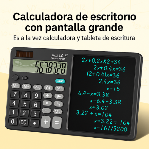 Calculadora contable LJ-0230 multifuncional con pantalla LCD de alta visibilidad y pizarra de escritura integrada para tomar notas rápidas. Ideal para oficinas, escuelas y uso personal.