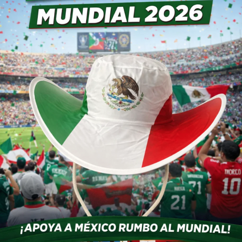 Sombrero tricolor con diseño de la bandera de México ideal para aficionados en eventos deportivos y partidos de fútbol. Perfecto para el Mundial 2026. Venta por mayoreo.