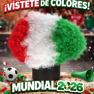 Peluca tricolor con los colores de la bandera de México ideal para aficionados en partidos de fútbol y eventos deportivos como el Mundial 2026. Venta por mayoreo.