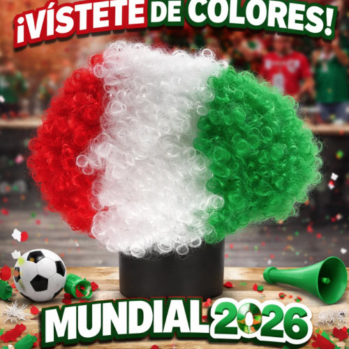 Peluca tricolor con los colores de la bandera de México ideal para aficionados en partidos de fútbol y eventos deportivos como el Mundial 2026. Venta por mayoreo. Peluca tricolor con los colores de la bandera de México ideal para aficionados en partidos de fútbol y eventos deportivos como el Mundial 2026. Venta por mayoreo.