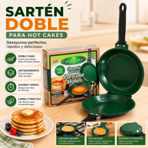 Sartén doble para preparar hot cakes de forma práctica y uniforme. Diseño antiadherente, fácil de usar y limpiar. Venta por mayoreo.