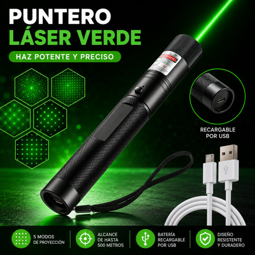 Puntero láser verde con batería de 800 mAh y cuerpo de aleación de aluminio, ideal para presentaciones y señalización visual. Venta por mayoreo