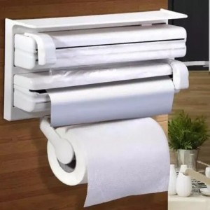 Organizador multifuncional de cocina 3 en 1, incluye portarrollos para papel de cocina, dispensador de papel aluminio y film plástico. Venta por mayoreo LJ-6233