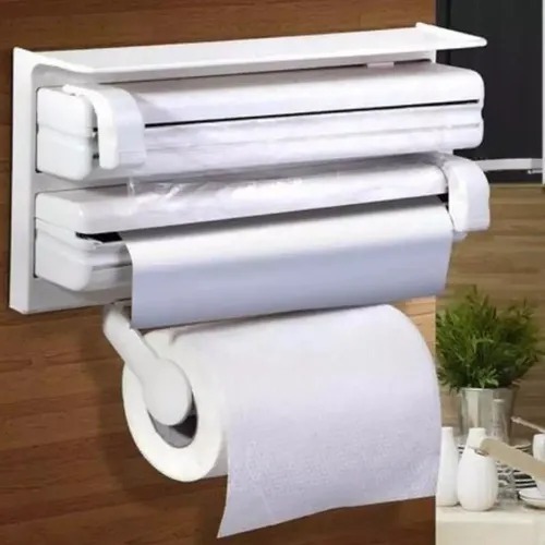 Organizador multifuncional de cocina 3 en 1, incluye portarrollos para papel de cocina, dispensador de papel aluminio y film plástico. Venta por mayoreo LJ-6233