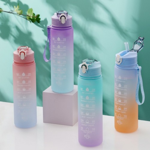 Botella degradada motivacional con asa y popote colores degradados mayoreo
