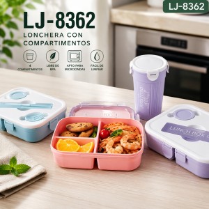 Lonchera Plástica con 4 Compartimentos y Vaso Incluido Colores Pastel por Mayoreo LJ-8362