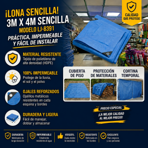 Lona sencilla 3 m x 4 m. Ideal para uso multipropósito. Venta por mayoreo