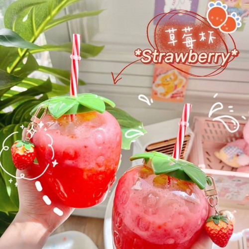 Vaso con forma de fresa, incluye tapa decorativa y popote reutilizable. Perfecto para bebidas frías, smoothies, jugos o malteadas venta al por mayor  LJ-8505