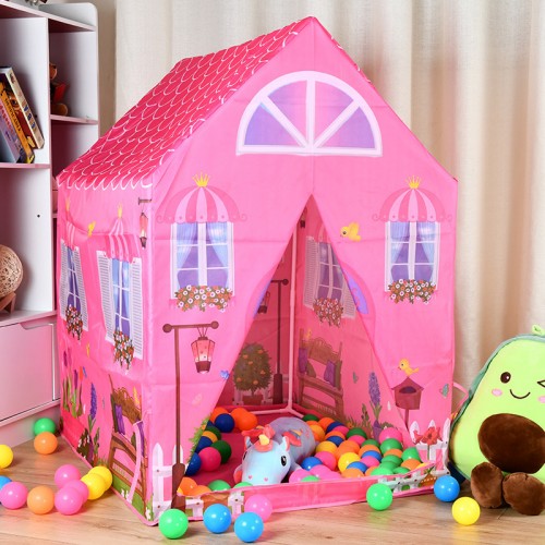 Casita infantil tipo carpa plegable, diseño de casa rosa con ventanas y puerta enrollable, fácil de armar, venta por mayoreo LJ-8828
