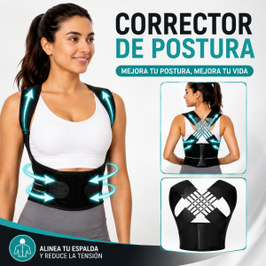 Corrector de postura negro con tirantes cruzados y banda para cintura, ideal para uso diario. Tallas S-3XL variadas. Venta por mayoreo