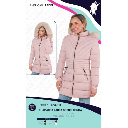 Chamarra larga para mujer con diseño térmico acolchado, gorro con peluche y cierre completo. Ideal para clima frío Con Forro de Peluche.   Gorro desmontable.  Venta al por mayor LJ24-111 