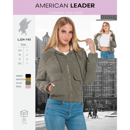 Chamarra de pana para mujer con gorro afelpado, bolsillos frontales y diseño moderno.  suave, cómoda y combinable Pana de calidad.  Con Forro de Peluche.   Gorro desmontable.  Venta al por mayor LJ24-143