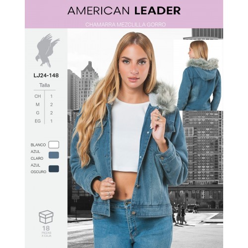 Chamarra de mezclilla para mujer  Diseño moderno, abrigador y combinable. Con Forro de Borrega.  Gorro peluche desmontable.  Venta al por mayor LJ24-148