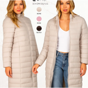 Chamarra Larga Acolchada para Dama Tipo Pluma, Ligera y Calientita con Cierre Completo – Moda Invierno Con Forro de Peluche.   Calidad PREMIUM Gorro desmontable.  Venta al por mayor LJ24658-C 