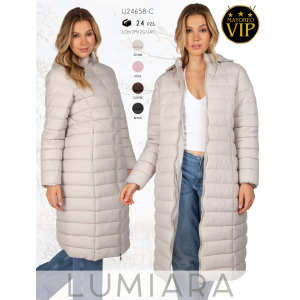 Chamarra Larga Acolchada para Dama Tipo Pluma, Ligera y Calientita con Cierre Completo – Moda Invierno Con Forro de Peluche.   Calidad PREMIUM Gorro desmontable.  Venta al por mayor LJ24658-C 