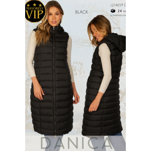 Chaleco largo acolchado para dama Danica, con gorro, cierre completo y diseño térmico ideal para invierno Gorro desmontable.  Con forro de peluche.  Caja con color negro únicamente. Venta al por mayor LJ24659
