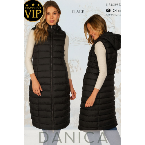 Chaleco largo acolchado para dama Danica, con gorro, cierre completo y diseño térmico ideal para invierno Gorro desmontable. Con forro de peluche. Caja con color negro únicamente. Venta al por mayor LJ24659 Chaleco largo acolchado para dama Danica, con gorro, cierre completo y diseño térmico ideal para invierno Gorro desmontable. Con forro de peluche. Caja con color negro únicamente. Venta al por mayor LJ24659
