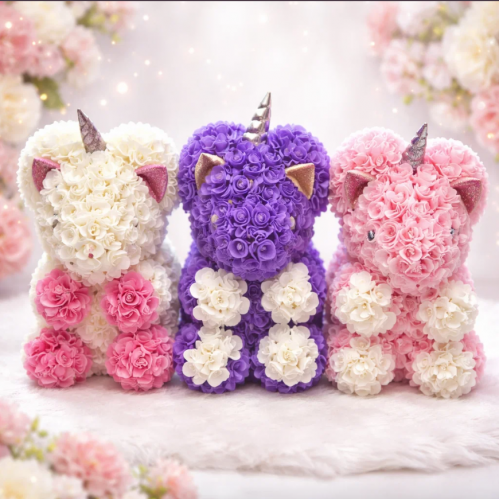 Flores sinteticas en forma de unicornio 25cm ,con luz led y cartón de regalo LP124