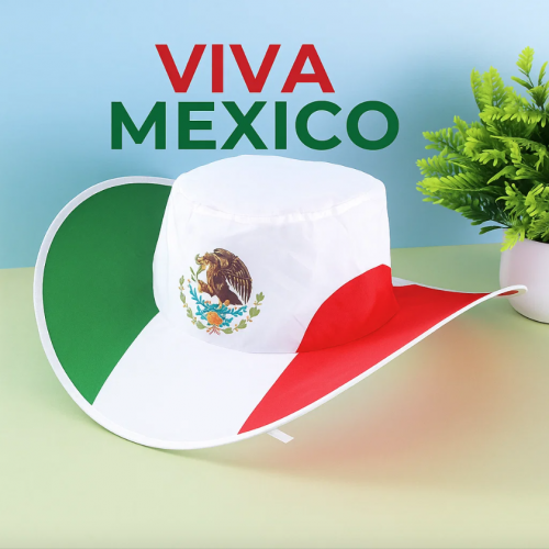 Sombrero decorativo con diseño tricolor y escudo nacional de México. Perfecto para celebraciones patrias, desfiles, fiestas temáticas, venta por mayoreo LU7808 