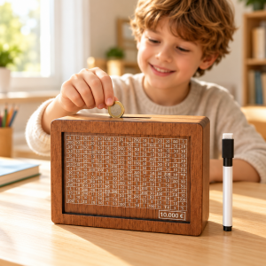 Alcancía infantil de madera con tablero para reto de ahorro de $10,000 pesos y plumón. Medidas: 18 × 13 × 7 cm.
