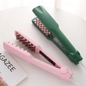 Plancha onduladora para cabello de 26 × 5 cm, funcionamiento a 110 V y colores rosa, verde. Ideal para crear ondas. Venta por mayoreo
