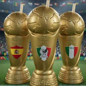Vaso tipo Copa del Mundo 2026 con popote y diseño de trofeo dorado, ideal para fiestas, eventos deportivos y coleccion. Venta por mayoreo LX-2601