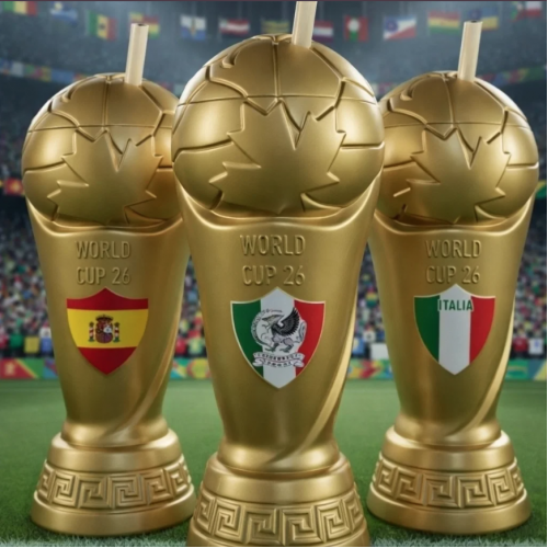 Vaso tipo Copa del Mundo 2026 con popote y diseño de trofeo dorado, ideal para fiestas, eventos deportivos y coleccion. Venta por mayoreo LX-2601