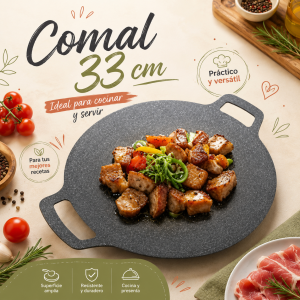 Comal redondo de 33 cm con asas laterales y acabado gris tipo piedra, ideal para cocinar y servir alimentos. Venta por mayoreo