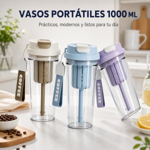 Vaso portátil de 1000 ml con popote, tapa de seguridad y asa para transporte. Venta por mayoreo