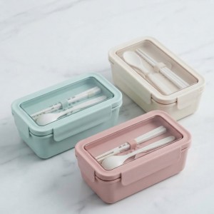 Contenedor de plástico para alimentos con capacidad de 1400 ml, tapa rectangular, compartimento superior y cubiertos incluidos. Venta por mayoreo
