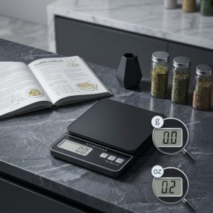 Báscula digital de cocina con pantalla, controles frontales y cambio de unidad entre gramos y onzas. Venta por mayoreo