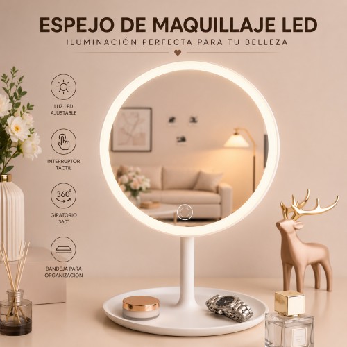 Espejo de Maquillaje LED Giratorio con Bandeja por Mayoreo