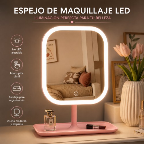 Espejo de Maquillaje LED con Bandeja Organizadora por Mayoreo