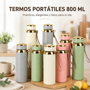 Termo portátil de 800 ml con diseño elegante y práctico para bebidas frías y calientes. Colores variados. Venta por mayoreo