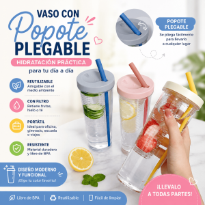 Vaso con Popote Plegable con Filtro Reutilizable por Mayoreo