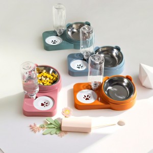 Tazón de acero inoxidable con dispensador de agua por gravedad, y base en diferentes colores surtidos para mascotas. Venta por mayoreo