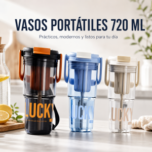 Vaso portátil de 720 ml con popote, tapa y asa. Ideal para escuela, oficina o gimnasio. Venta por mayoreo