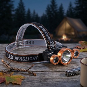 Lámpara frontal LED con tres luces, banda ajustable, tres modos de iluminación y alcance aproximado de hasta 1000 metros. Venta por mayoreo