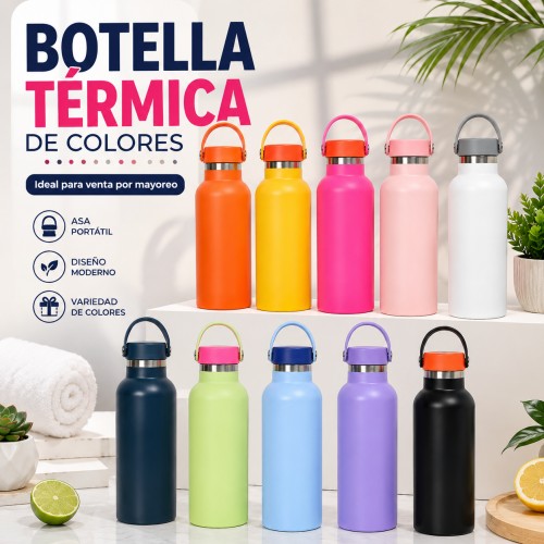 Termo de 750ml con diseño moderno con asa integrada y variedad de colores. Ideal para negocios y reventa. Venta por mayoreo