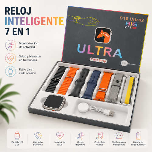 Reloj inteligente 7 en 1 con accesorios intercambiables y estuche. Diseño moderno para uso diario. Venta por mayoreo