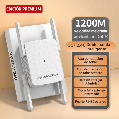 Repetidor WiFi 1200M para ampliar la cobertura de internet en casa u oficina. Mejora la señal, reduce zonas muertas y ofrece conexión estable de alta velocidad. Ideal para hogares, negocios. Venta al por mayor.