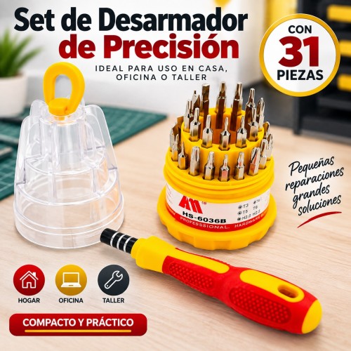 Set de desarmador de precisión con 31 piezas y estuche organizador, ideal para pequeñas reparaciones. Venta por mayoreo