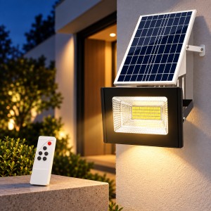 Lámpara solar LED de 15W, medida 16 × 12 cm con panel solar, protección IP67, indicador de carga y control remoto. Venta por mayoreo