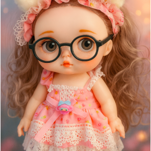 Muñeca con cabello largo rizado, gafas de fantasía, diadema con orejitas de felpa y vestido rosa decorado con encaje y lazo VENTA AL POR MAYOR Lj-8547