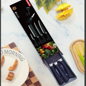 Set de cuchillos de acero inoxidable con pelador, tijera y base negra. Diseño moderno, resistente y funcional. Ideal para cocina doméstica o profesional. Venta al por mayor LJ-8849
