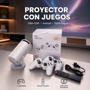 Proyector tipo cañón 1280×720P con sistema Android y 15000 juegos. Incluye 2 controles, control remoto, cables y caja. Venta por mayoreo