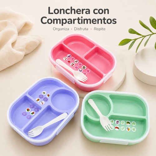 Lonchera Infantil con Compartimentos y Cubierto. Por Mayoreo